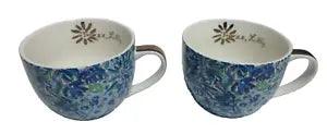 VTG LILLY PULITZER 12 OZ Tea Coffee cups Blue Floral Gold Handle Set of 2 EUC