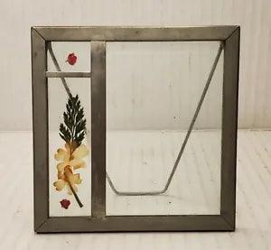 Vintage Dried Pressed Flowers Silver picture Frame photo easel cottage decor