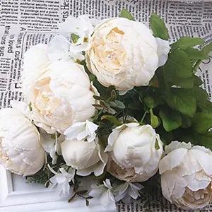 Artificial Fake Peony Silk Flowers Arrangement Bouquet for Home Milk White