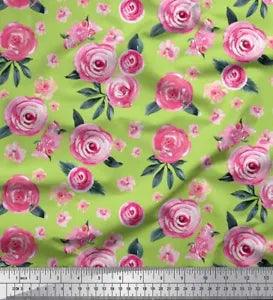 Soimoi Green Cotton Poplin Fabric Leaves & Ranunculus Floral Print-Ocb