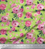 Soimoi Green Cotton Poplin Fabric Leaves & Ranunculus Floral Print-Ocb