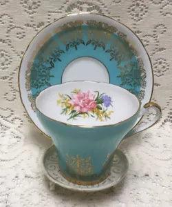 Vintage Royal Stafford Tea Cup & Saucer Set Turquoise Aqua Pink Carnations #2104