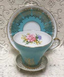 Vintage Royal Stafford Tea Cup & Saucer Set Turquoise Aqua Pink Carnations #2104