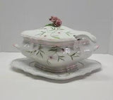 Ceramic Soup Tureen ~ Underplate ~ Ladle ~ Nove' Italy ~ Floral Pink Catnations