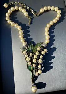 HEIDI DAUS  Lily of the Valley Faux Pearls HUGE Enamel Crystal Pendant Necklace