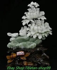 18.1'' China Natural Xiu Jade Carve Peony Flower Bird Animal Statue ornament