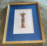 Vintage Framed Dried, Pressed Flowers, 8x10 Antique Blue Matt,  Gold Frame.