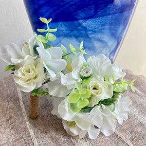 Corsage and Boutonni¡§¡§re Set, Prom Cosage and Boutonni¡§¡§re, Silk Flowers, White Corsage, White and Green