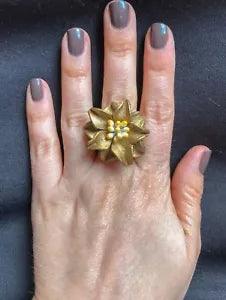Handmade Gold Leather Lily Flower Vintage Ring - 3 cm - Adjustable