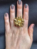 Handmade Gold Leather Lily Flower Vintage Ring - 3 cm - Adjustable