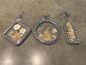 VINTAGE PRESSED DRIED FLOWERS IN GLASS AND METAL Set Of 3 HANGING Sun Catchers