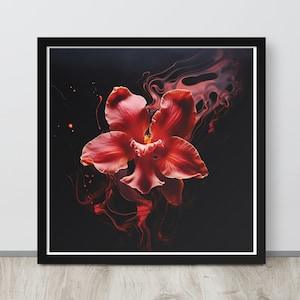 Enigmatic Bloom Print: Abstract Orchid Poster in Dripping Red Hues