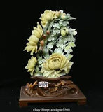 17'' Chinese Natural Xiu Jade Carving Peony Flower Bird Birds Animal Statue