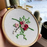 Pink Rose Leafy Bouquet Embroidery/ Floral Decor/ Wall Hanging/ Nursery Decor/ Gift