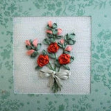 GREETING CARD - Silk Ribbon Embroidery Floral Roses Bouquet, Hand Stitched Needlework, with Envelope