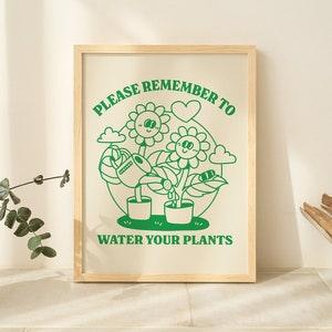 Green Retro Flowers Print, Quote Wall Print, Botanical Plants Poster, Plant Mom Prints Poster, Water Your plants Quote, Eclectic Wall Art
