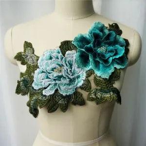 3D Peony Flower Leaf Lace Fabric Collar Embroidered Gown Appliques Sew Patches