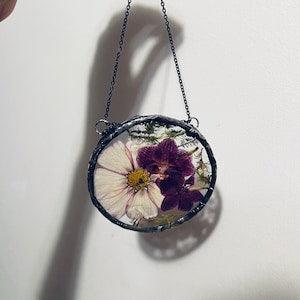 Purple and White Cosmo & Purple Orchids ~ stained glass, pressed, plant terrarium, dark academia d???cor, Cottage core, Lead free,eco friendly