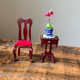 Vintage, 1:12th Scale, Dolls House, Mahogany, Wooden Chair, With Red Velvet Seat Pad, Side Table With Drawer, Orchid Plant, Flower, On Doily