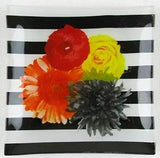 Rose, Peony & Other Flowers 4-3/4" Square Floral Glass Trinket Jewelry Dish Tray