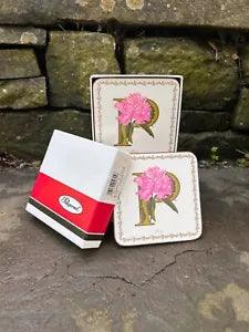 Vintage Pimpernel "P" Peony Flower Coasters Cork Back 6 Pieces EUC Monogram