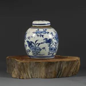 Antique Chinese Blue and White Porcelain Hand Painting Peony Flower Bird Jar