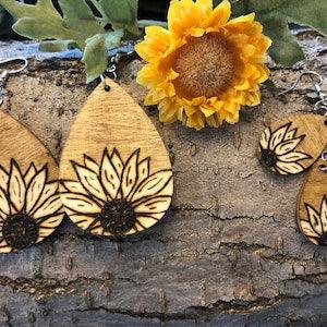 Sunflower wood burned teardrop lightweight earrings