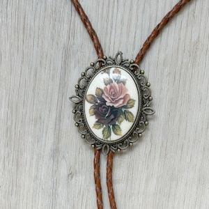 Rose bouquet bolo tie - western style gifts for her cabochon leather cowboy necktie accessories womens victorian tattoo flower bola gold