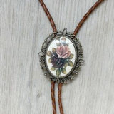 Rose bouquet bolo tie - western style gifts for her cabochon leather cowboy necktie accessories womens victorian tattoo flower bola gold