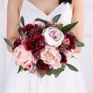 Red pink silk Rose peony Bridal bouquet,wedding bouquet, wedding flowers ,bridesmaid wedding flowers, rustic boho wedding
