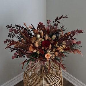 Jewel Tone Dried Flower Bridal Bouquet Burgundy Bridal Bouquet Boho Deep Red Wedding Flowers Preserved Roses Moody Wedding Flowers