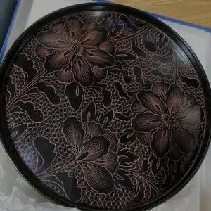 Japanese Echizen Lacquerware Peony Carving Wooden Black Flower Pattern Tray