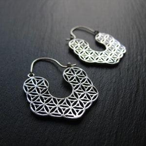 Flower of Life Hoop Earrings . Silver or Gold . Brass Sacred Geometry Jewelry . Mandala Geometric Earrings . Spiritual Yoga Jewellery