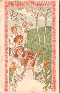 Easter Postcard Young Angel Girls Ringing Bells Pink Flowers Lilies Lily
