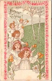 Easter Postcard Young Angel Girls Ringing Bells Pink Flowers Lilies Lily
