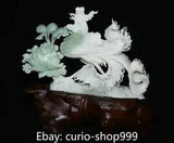 Natural Green Xiu Jade Hand Carving Fenghuang Phoenix Bird Peony Flower Statue