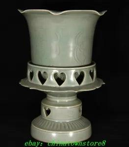 11" Old Chinese Dynasty Yue Kiln Porcelain Peony Flower Pattern Cup Goblet Set