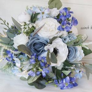 Artificial Wedding Bouquet In Dusty Blue, White Anemone Bridal Bouquet For Winter Wedding, Bridesmaid Silk Flower Bouquet,  Rose Bouquet