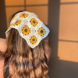 Crochet Sunflowers Granny Square Bandana, Boho Vintage Flower Hair Kerchief, Women??s Headband,Crochet Cotton Headband, Gift for Her