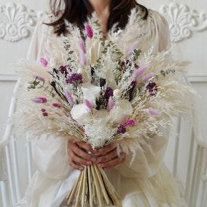 Eucalyptus&White Rose Wedding Bouquet,Purple Bridal Bouquet,Pampas Grass Bouquet,Boho Wedding Bouquet,Purple Wedding Bouquet,Wedding Bouquet