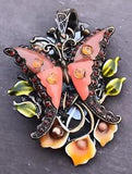 Vintage Style Large Enamelled Butterfly & Foliage Pendant 2.5x3" Gift Stocking F