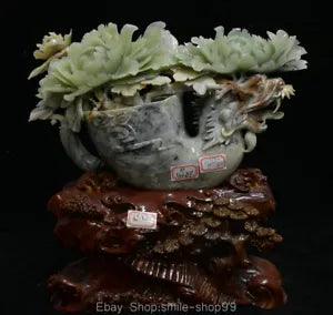 15" Rare Chinese Natural Xiu Green Jade Carving Dragon Peony Flower Sculpture