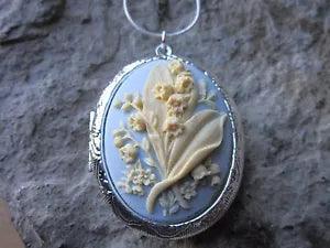 LILY OF THE VALLEY SILVER PLATED LOCKET (CREAM ON BLUE) - WEDDING