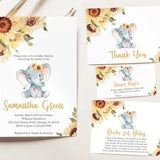 Editable Sunflower Elephant Baby Shower Invitation Bundle, Girl Elephant Baby Shower Invite, Floral Elephant Baby Shower Invite, BBS308