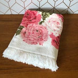 Vintage Bath Towel, Terry Cloth, Pink Rose Bouquet, Vintage Bath Size, Pretty in Pink Roses on a White Background, Fringe, Printed One Side