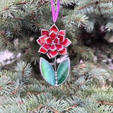 Stained glass Flower Red&Beige Suncatcher, Wall Nature decor, Window Orchid, Everlasting Plant, Christmas Ornament Set, cacti succulent