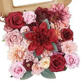 Burgundy Artificial Flowers Combo Silk Mix Peony Rose Fake Flowers w/Stem for