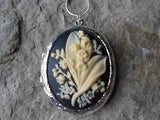 (LOCKET) LILY OF THE VALLEY SILVER PLATED LOCKET (CREAM ON BLACK) -- wedding