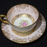 WINDSOR Bone China Pink Teacup and saucer rose on center gold filigree vintage teacup England numbered gold accents scratches