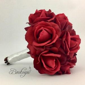 CHOOSE RIBBON COLOR - Real Touch Red Rose Bridal Bouquet, Bridal Bouquet, Bridesmaid, Red Roses, December Wedding, Red Bouquet, Red, White